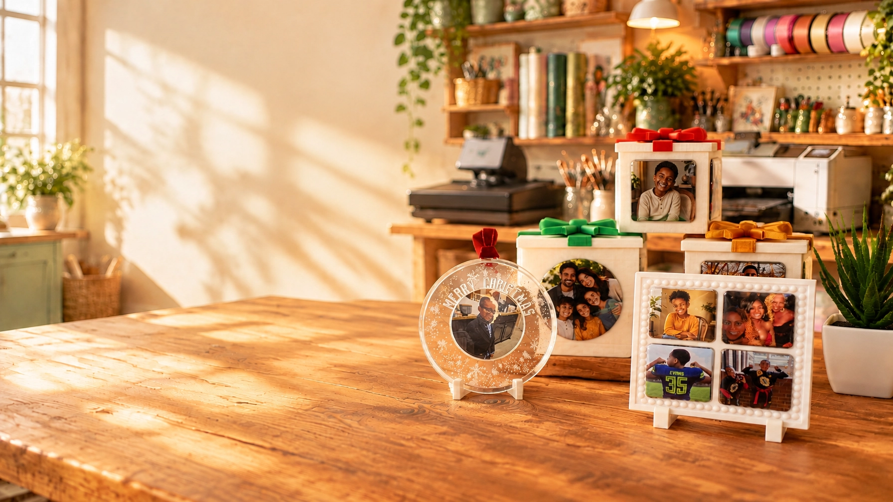 Sunlit craft workshop displaying personalized photo gift boxes, ornaments, and magnets